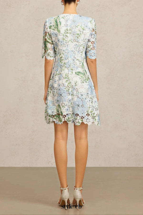 hazel Floral Printed Lace Mini Dress in sky blue