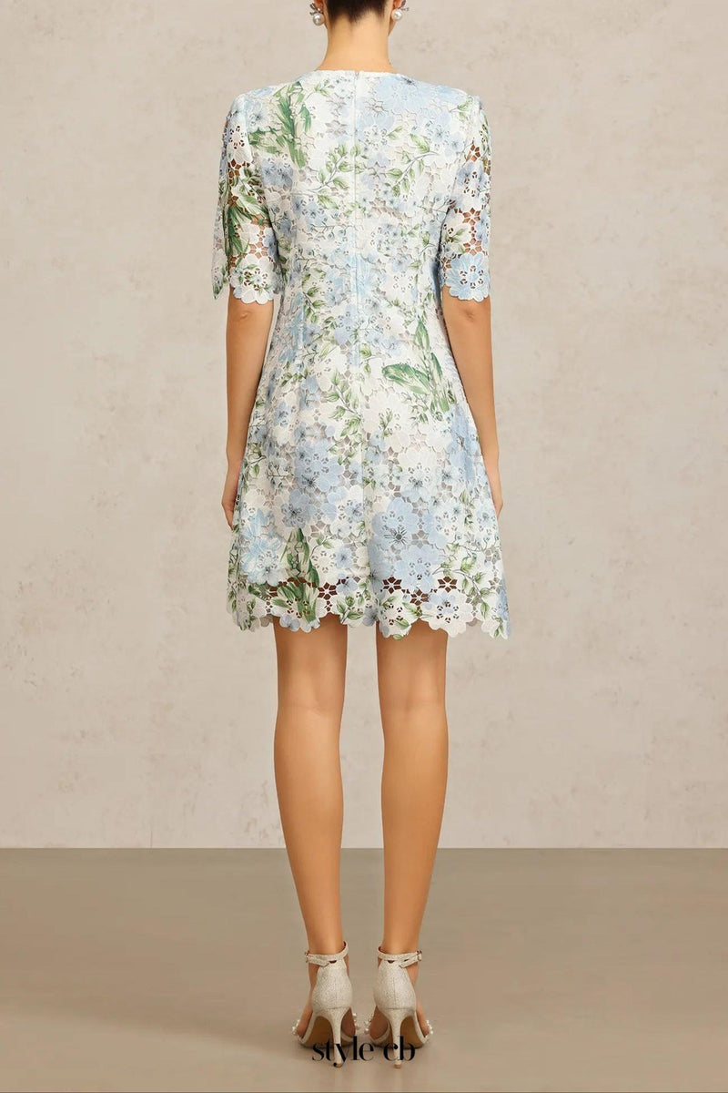 hazel Floral Printed Lace Mini Dress in sky blue