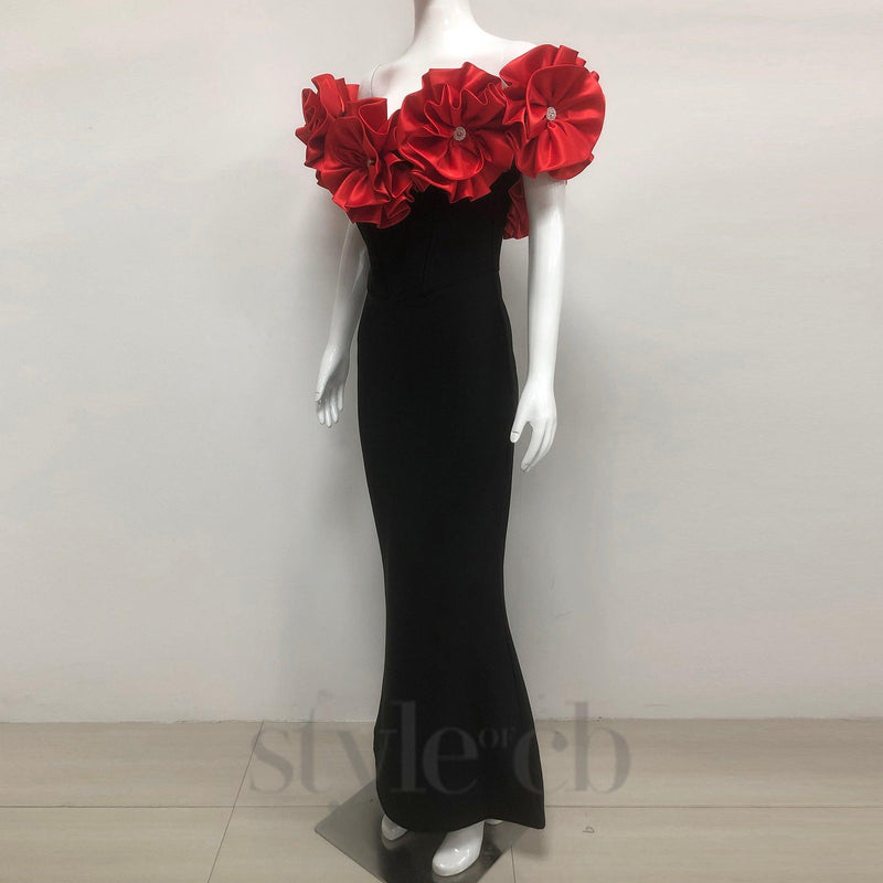 red flower embellished strapless Bandage maxi dress