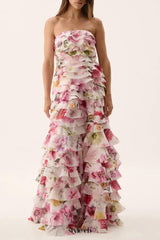 cathy floral print Pleated layer strapless maxi dress in pink