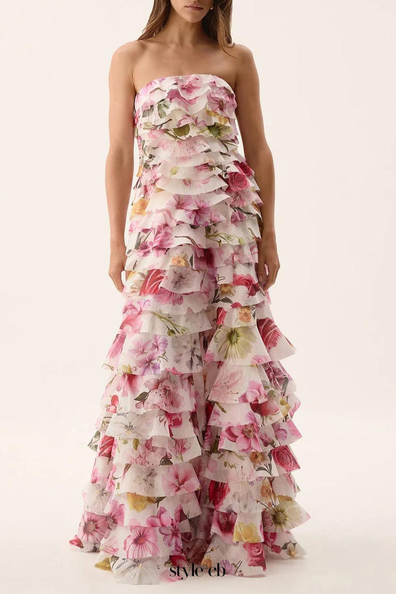 cathy floral print Pleated layer strapless maxi dress in pink