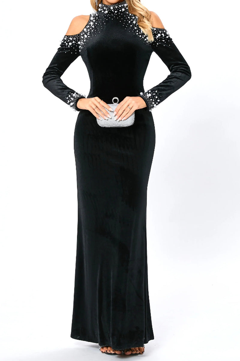 barbara sequin embellished long sleeve maxi dress in black