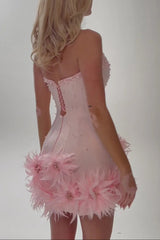 Tube Top deep V-neck pearl bodycon mini dress in pink