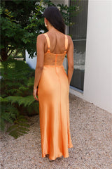 V-neck satin maxi dress  in orange