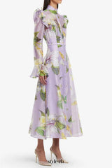winni Lily Blossom Print Lilac Butterfly Sleeve Midi Dress