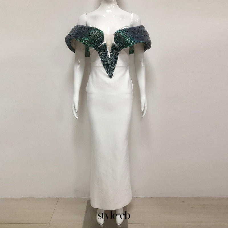 Off-Shoulder pearl embellished bodycon maxi dress in green