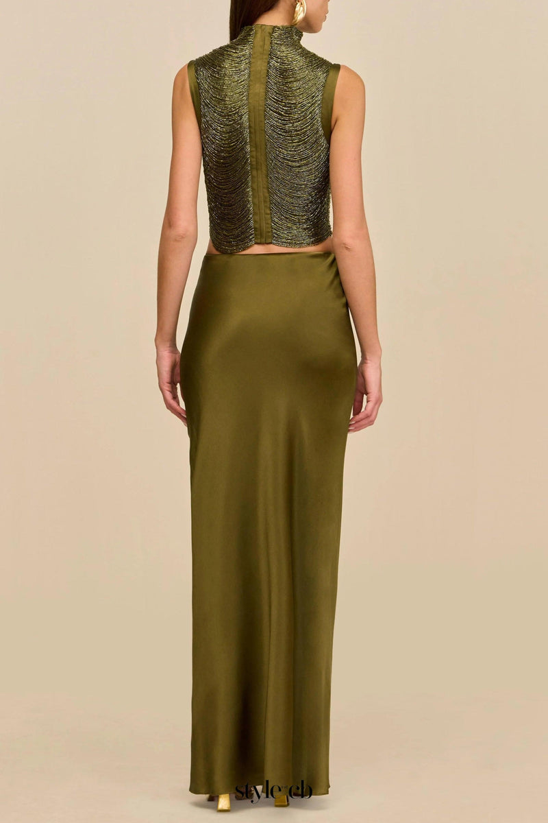 Sleeveless Turtleneck Tassel Paneled Top and Satin Skirt Set in green