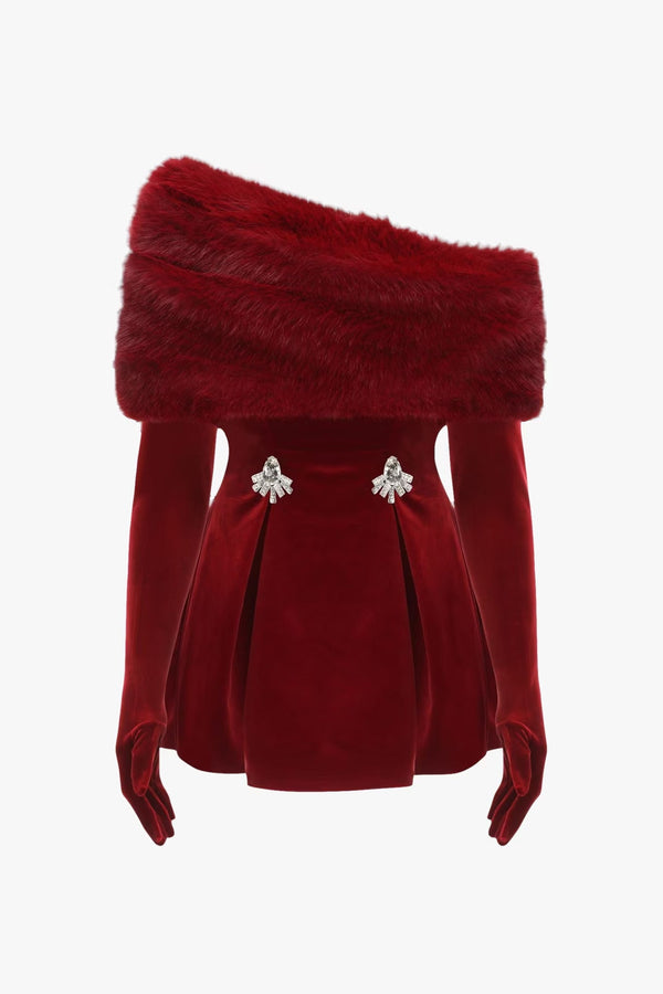 daphne long sleeve fur Velvet mini Dress in red