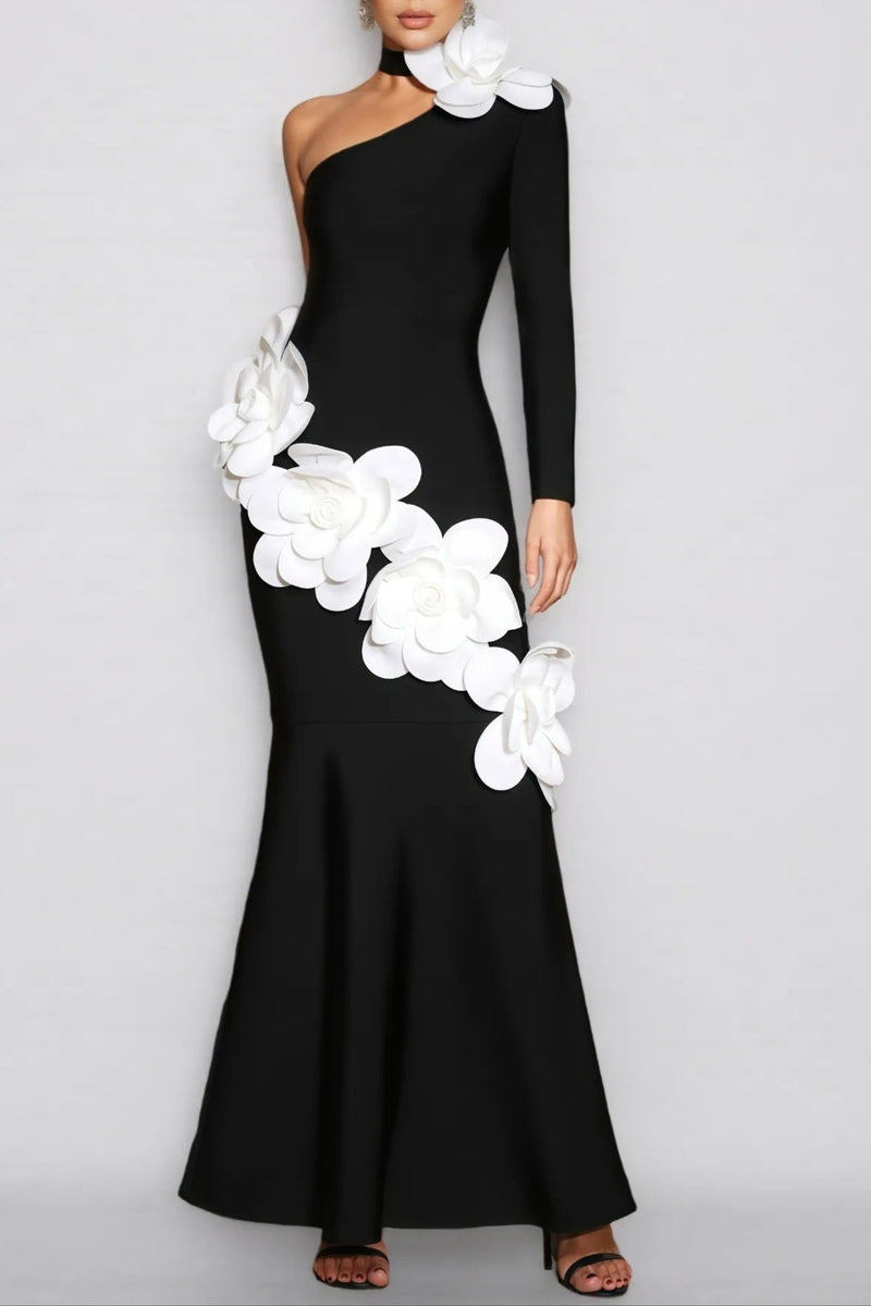 gemma One Shoulder 3D Flower Bandage Maxi Dress in black