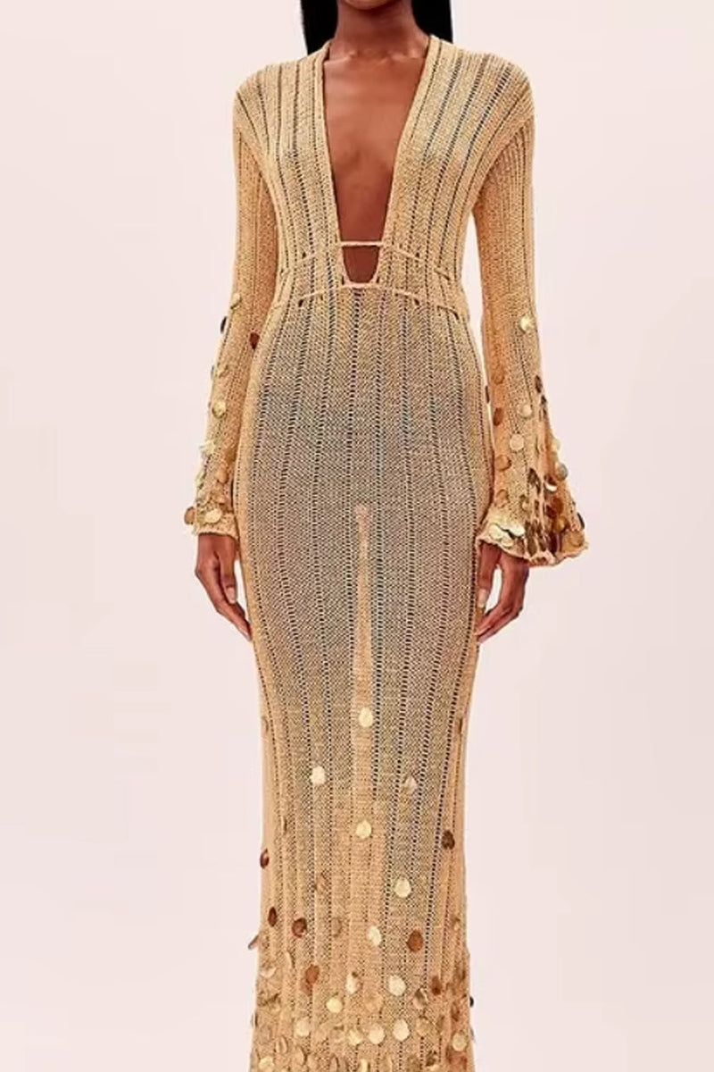 elma Golden Aura v-neck Knitted maxi Dress