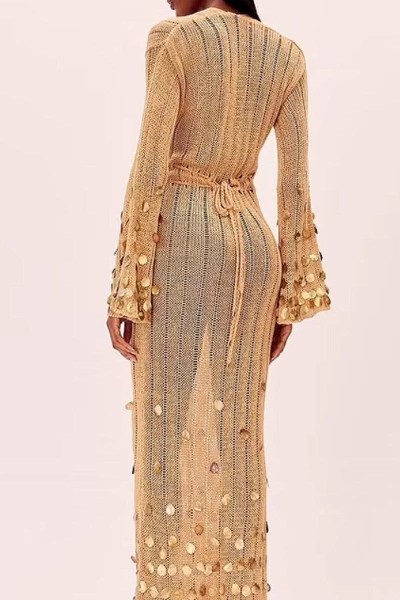 elma Golden Aura v-neck Knitted maxi Dress