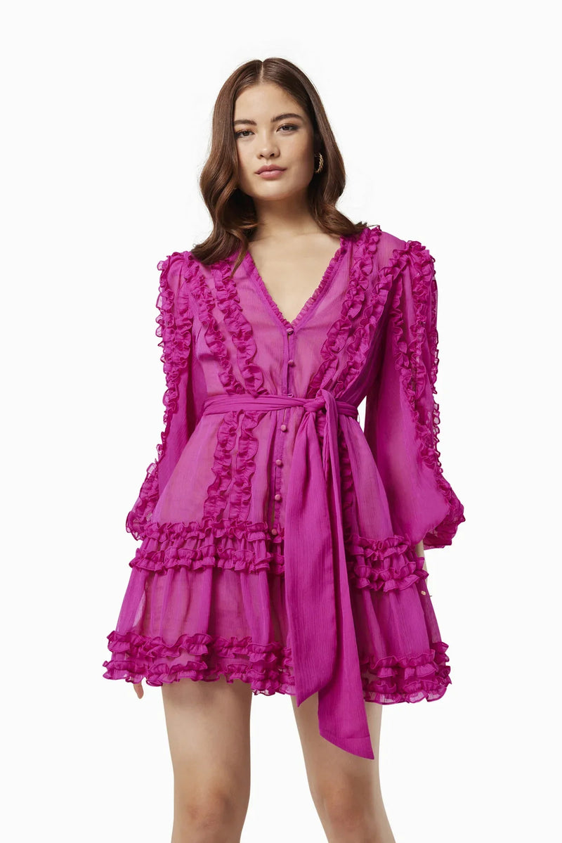 Lara Chiffon flower hem Mini Dress in rose red