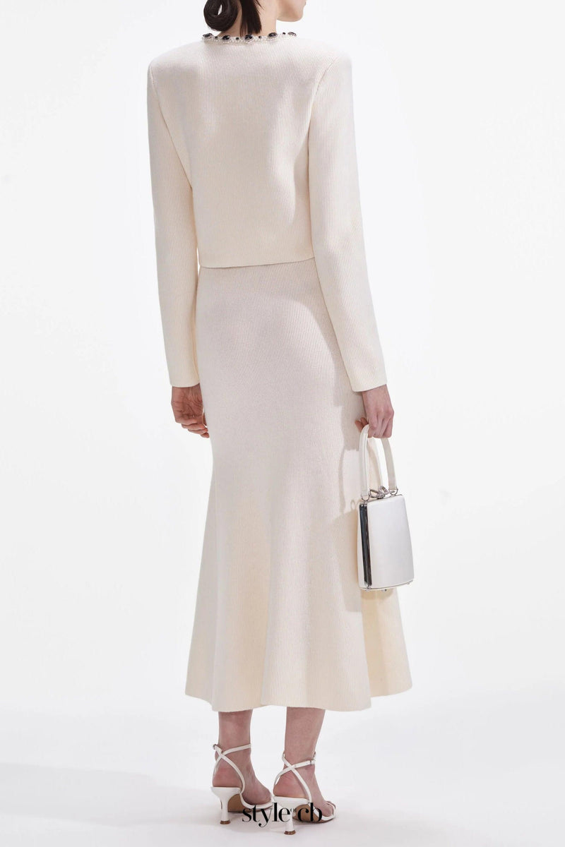 virginia Cream Embellished Cardigan skirt set