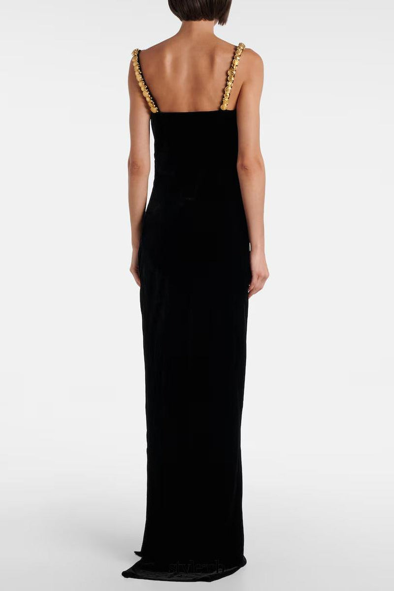 mag black Metal chain strap square neck velvet maxi dress