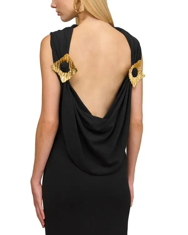 black sleeveless backless knit midi dress with two pleated golden embellishments