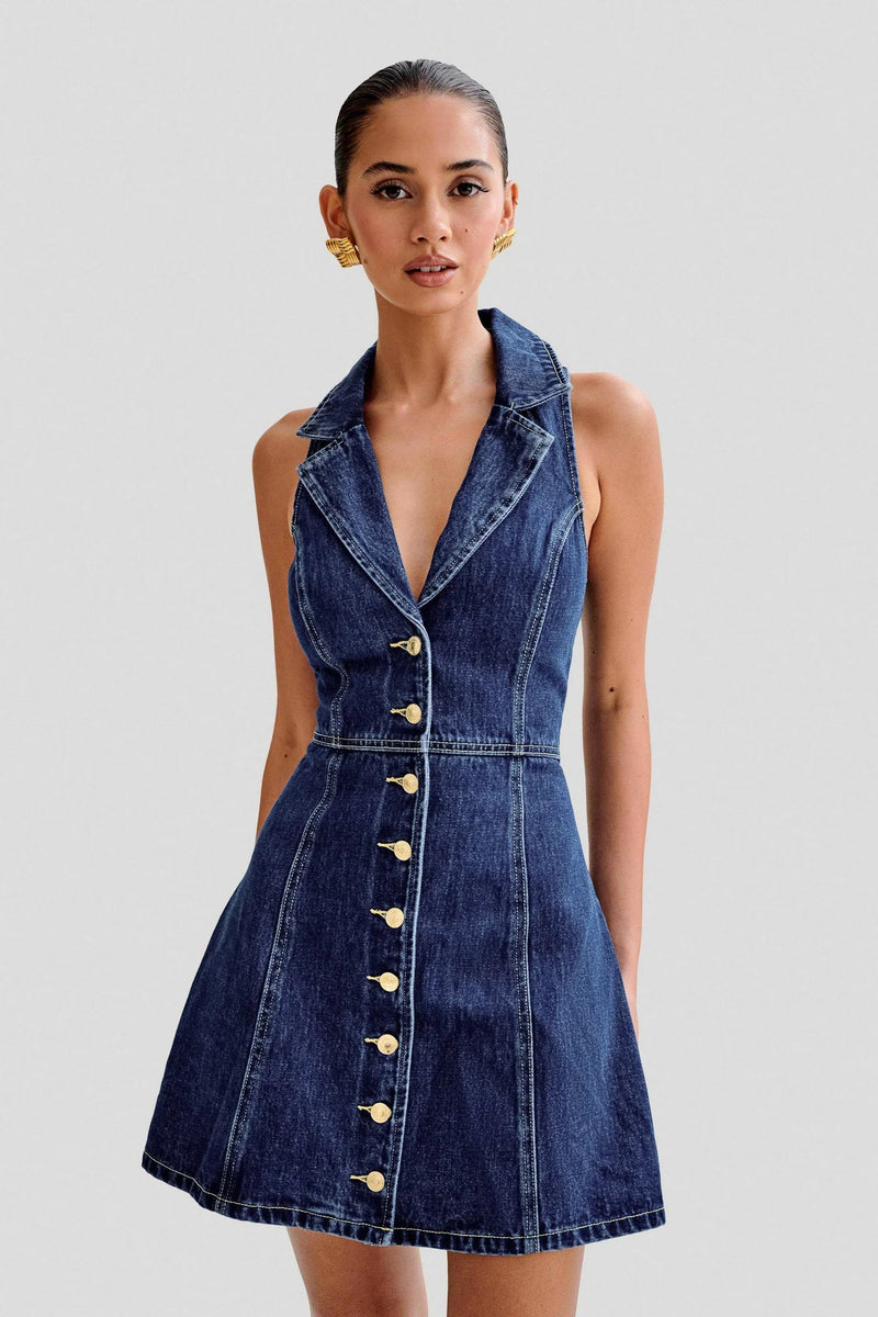 eartha Collared Denim Mini Dress - Dark Blue