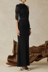 christine Off-shoulder pleated two-piece mermaid skirt in black