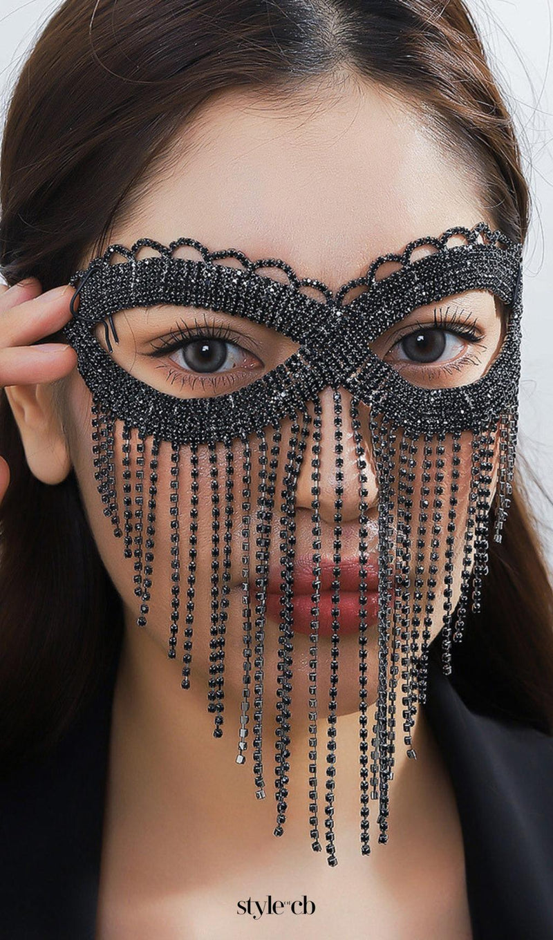 Dascha Black Rhinestone Tassel Mask