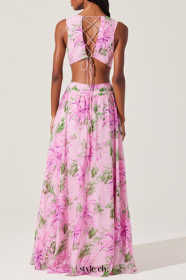 alyssa ruffle floral cutout maxi dress in pink