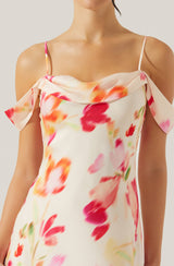 satin slit cold shoulder maxi dress in pink watercolor