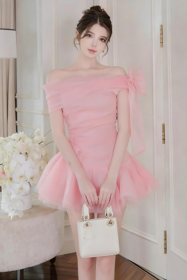 ellen off-shoulder Mesh Tulle Tutu mini dress in pink