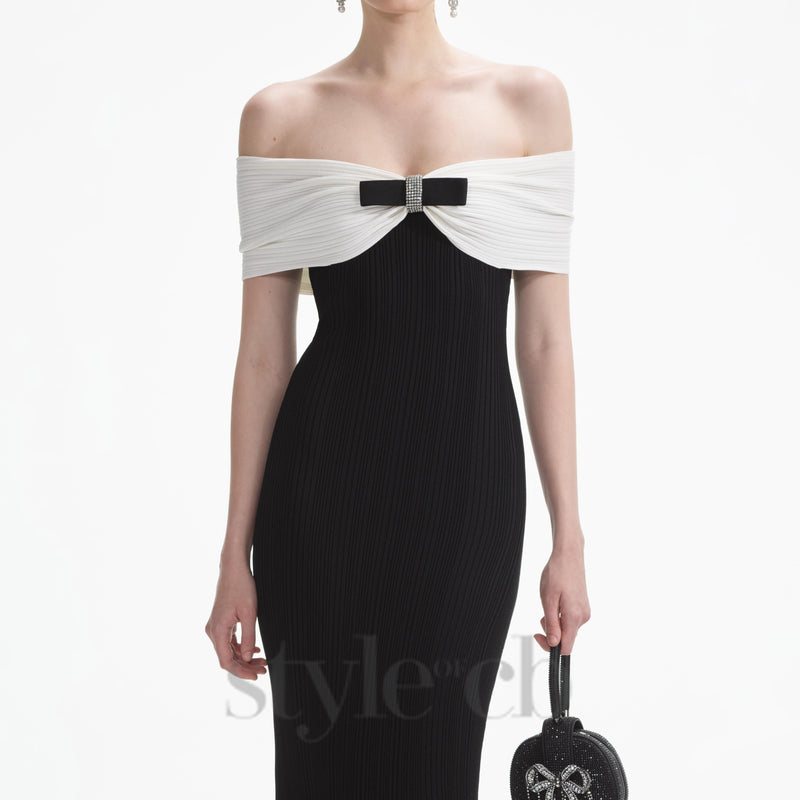 TRUDA BLACK KNIT BOW OFF-SHOULDER MIDI DRESS