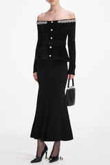 xaviera Black Chenille Knit Crystal Trim Midi Dress