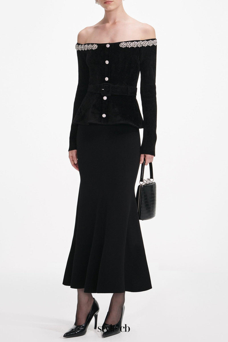 xaviera Black Chenille Knit Crystal Trim Midi Dress