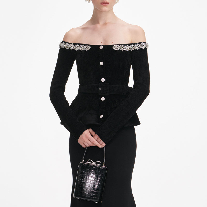 xaviera Black Chenille Knit Crystal Trim Midi Dress