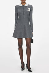 winni Grey Crochet Flower Collared Knit Mini Dress