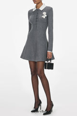 winni Grey Crochet Flower Collared Knit Mini Dress