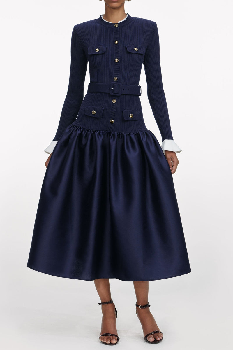 jane Navy Knit Taffeta Midi Dress