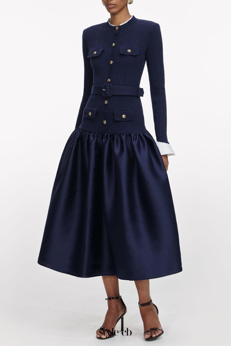 jane Navy Knit Taffeta Midi Dress