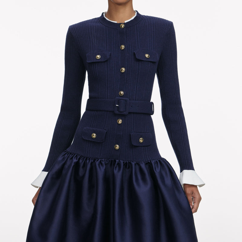 jane Navy Knit Taffeta Midi Dress