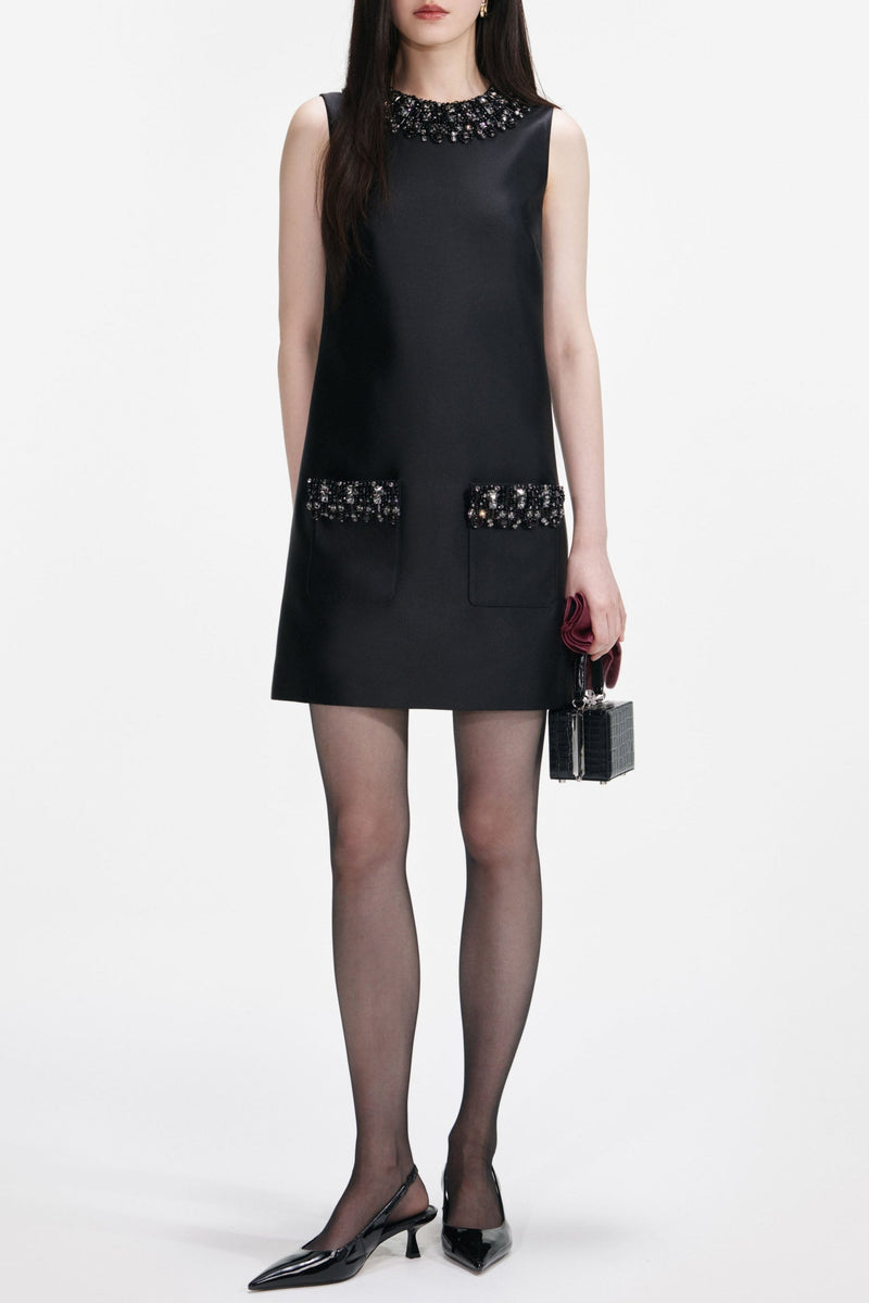 maggie Black Taffeta Embellished Trim Mini Dress