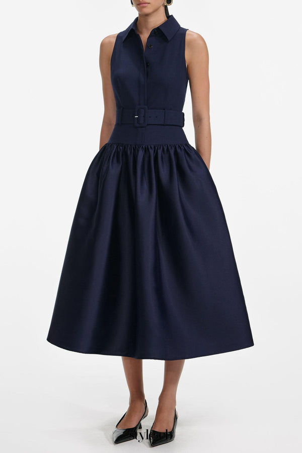 naomi Navy Belted Twill Midi Dress