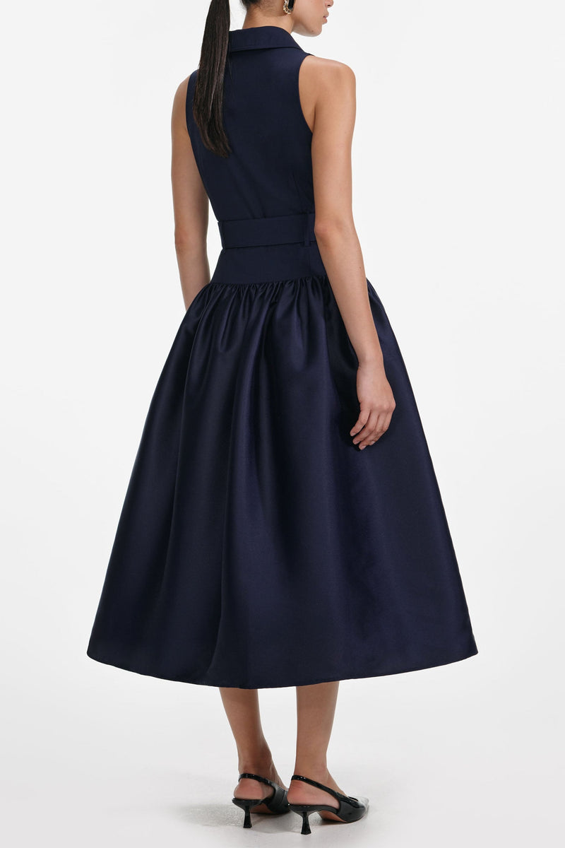 naomi Navy Belted Twill Midi Dress