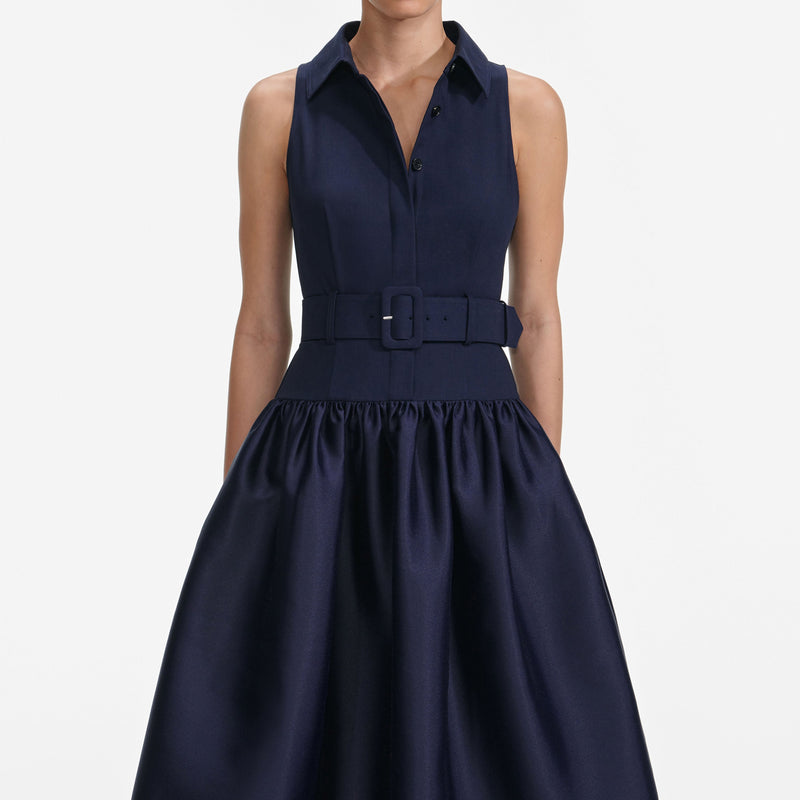 naomi Navy Belted Twill Midi Dress