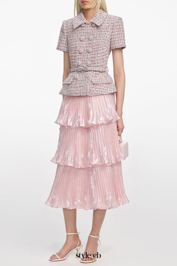 beulah Pink Boucle Metallic Tiered Midi Dress