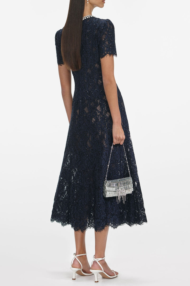 tess Navy Lace Embellished Midi Dress