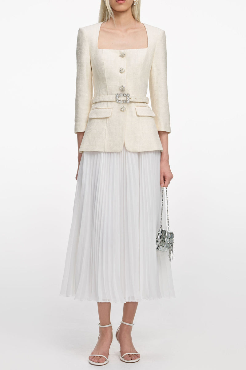 yuri Cream Boucle Long Sleeve Chiffon Midi Dress