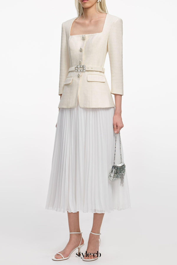 yuri Cream Boucle Long Sleeve Chiffon Midi Dress