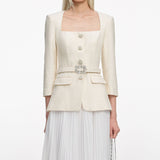 yuri Cream Boucle Long Sleeve Chiffon Midi Dress