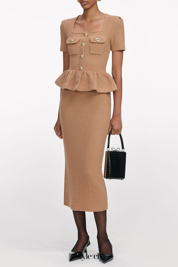 natalie Camel Peplum Knit Midi Dress