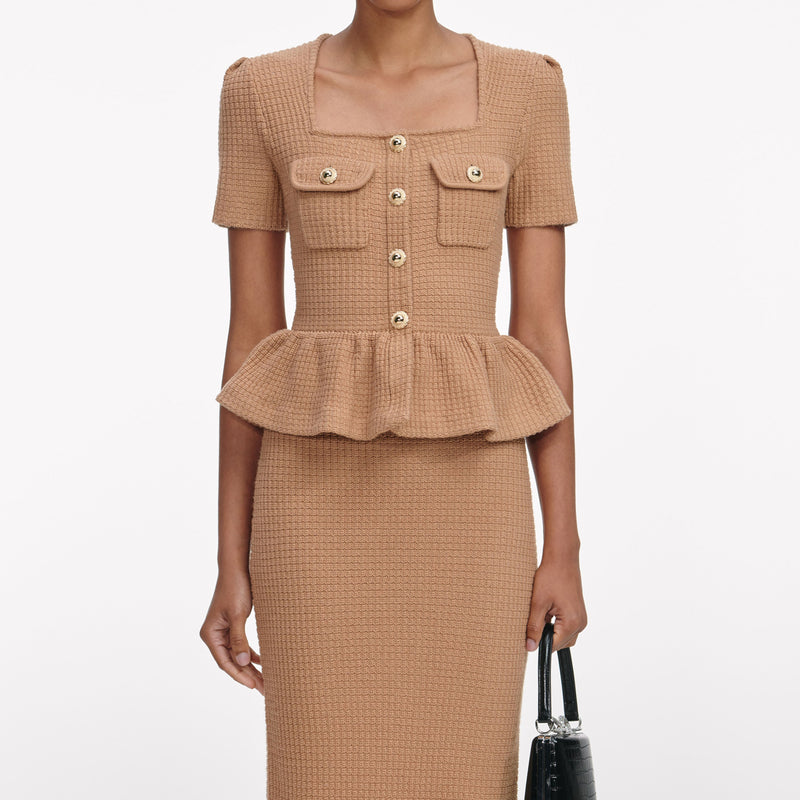 natalie Camel Peplum Knit Midi Dress