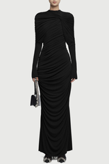 bonnie long sleeve pleated knot bodycon maxi dress in black