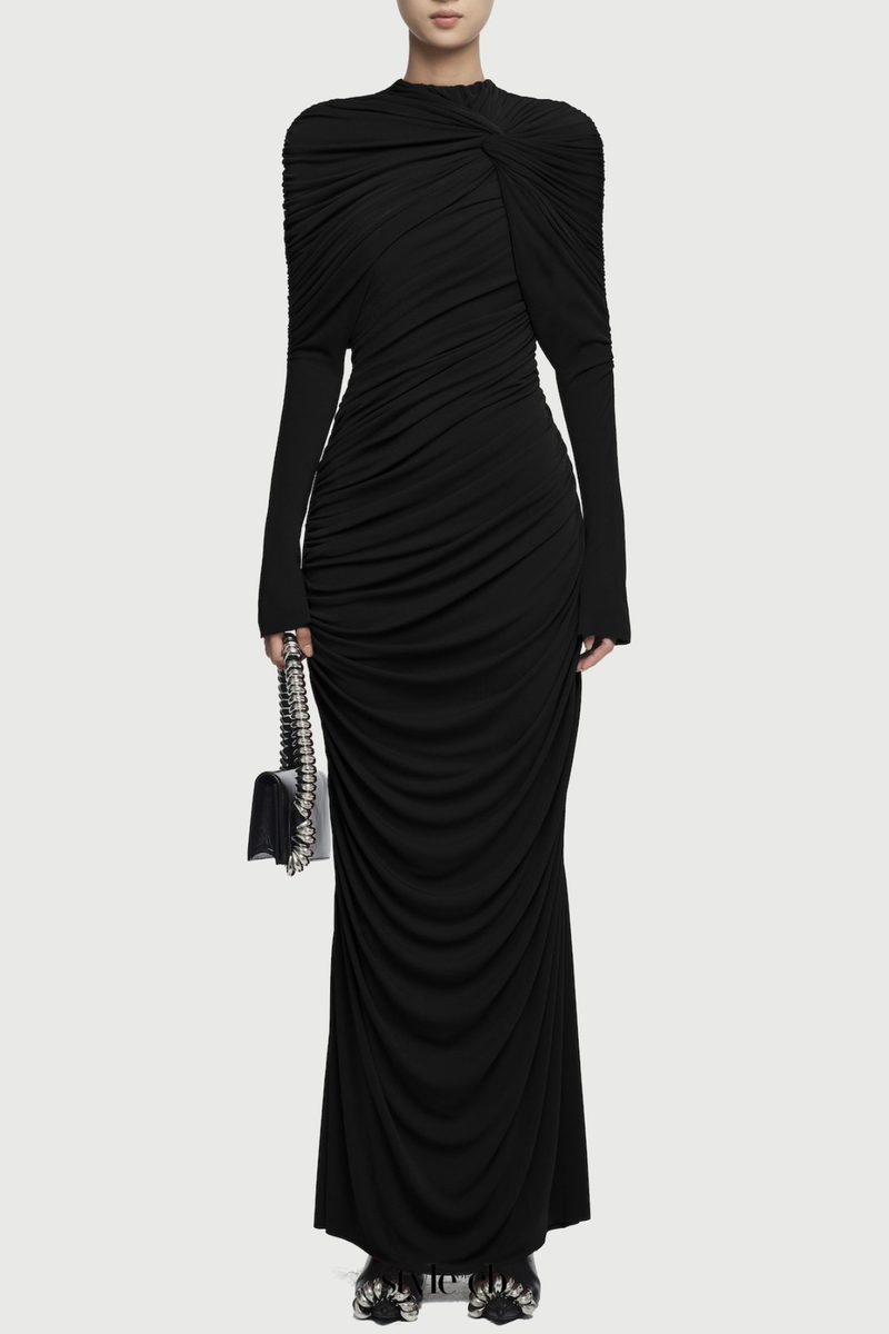 bonnie long sleeve pleated knot bodycon maxi dress in black