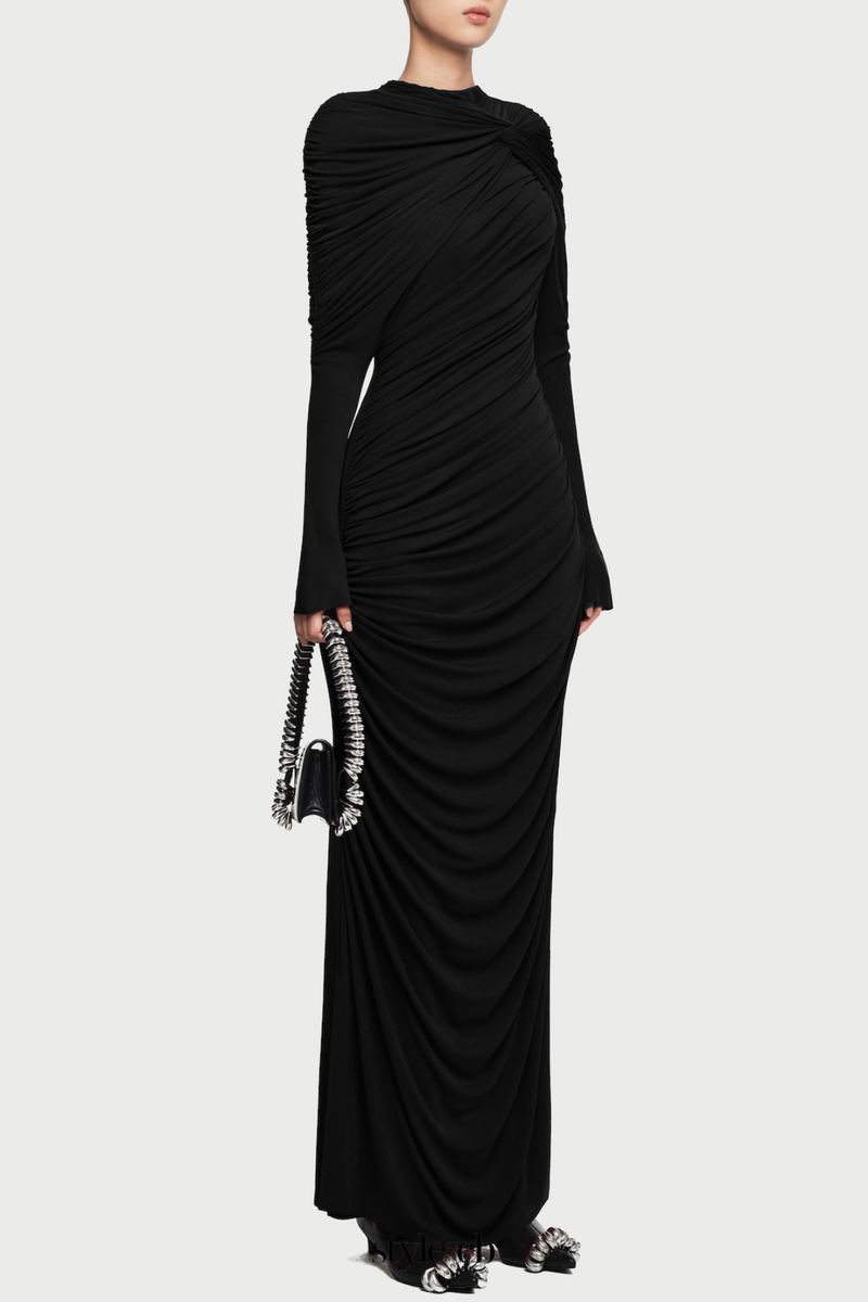 bonnie long sleeve pleated knot bodycon maxi dress in black