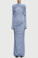 bonnie long sleeve pleated knot bodycon maxi dress in blue