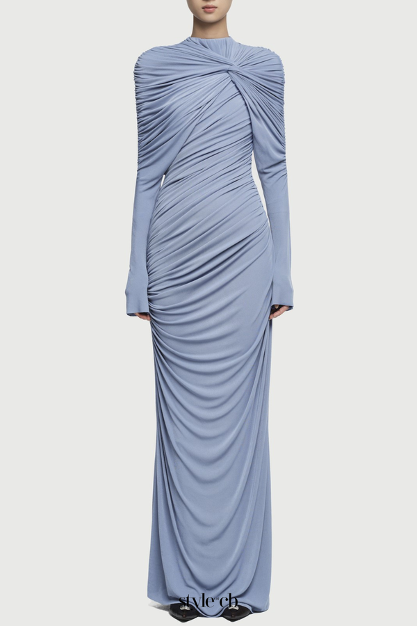 bonnie long sleeve pleated knot bodycon maxi dress in blue